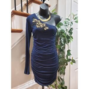 XXI Blue Solid Gold Sequins One Shoulder Off Long Sleeve Knee Length Dress M/M